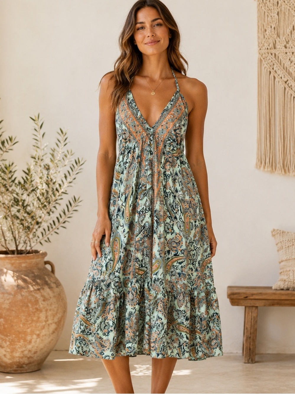 Y2K Silk Blend Halter Paisley Print Boho Satin Maxi Dress Festival Beachy OS